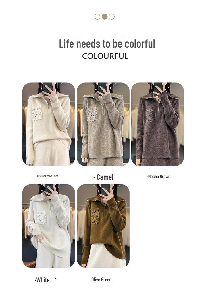 Women's Loose Cashmere Half-Patchwork Zipper Sweater - Autumn/Winter 23 Style