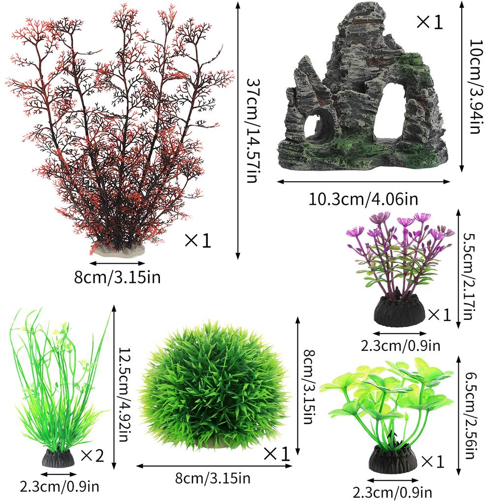 7-teiliges Aquarium-Fischbecken-Dekorationsset mit Kunststoffpflanzen und Höhlenfelsen, 7 Teile, Kleine und Große Künstliche Aquarium-Pflanzen