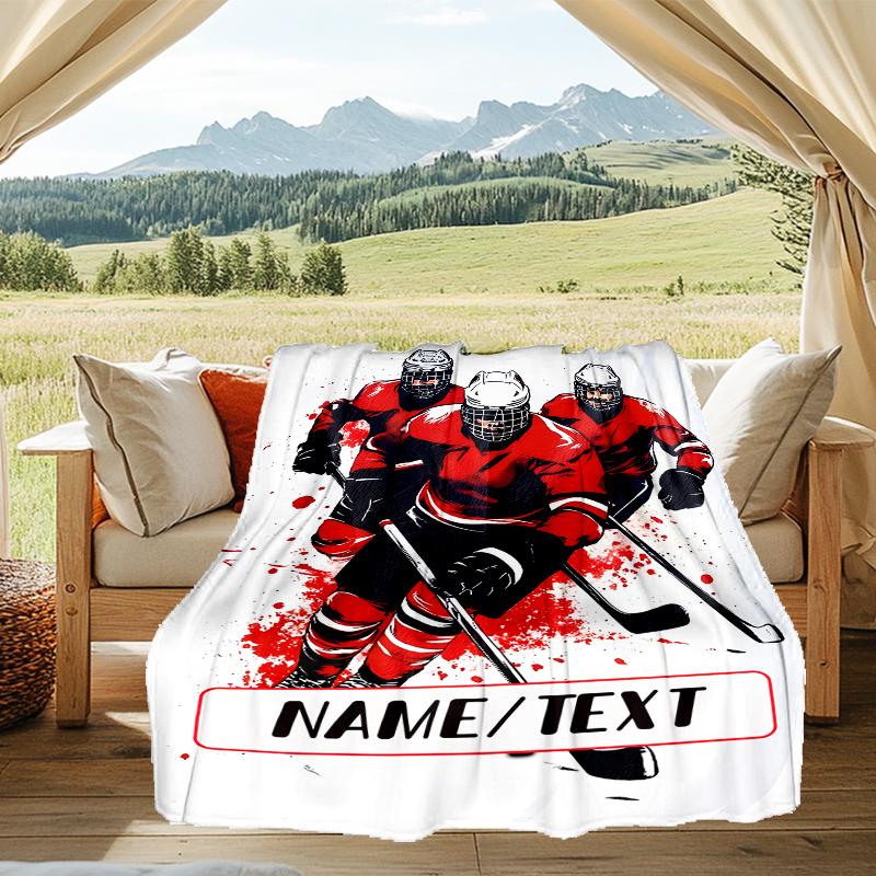 1PC Custom Name Hockey Players Action outdooor Flannel blankets Throw Blanket All-Season Throw Gift Bedspread for Couch, Bed, Camping Holiday Birthda