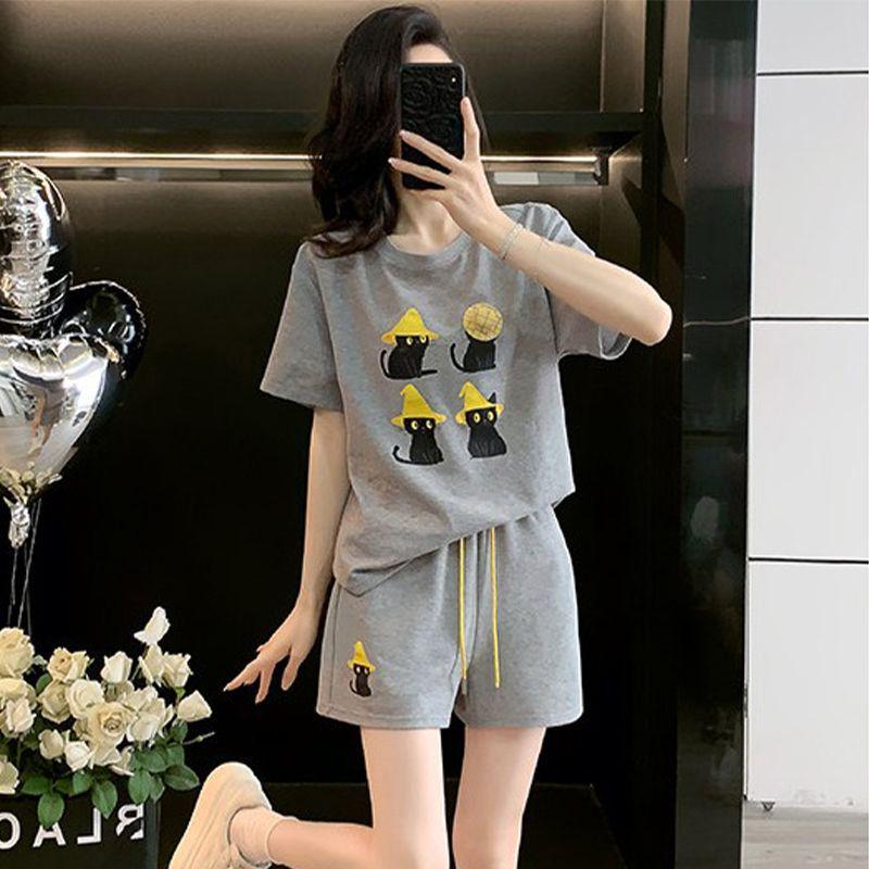 Korean Casual Women's Summer Shorts & Cartoon T-Shirt Set: Loose, Slimming, Short-Sleeve Sportswear