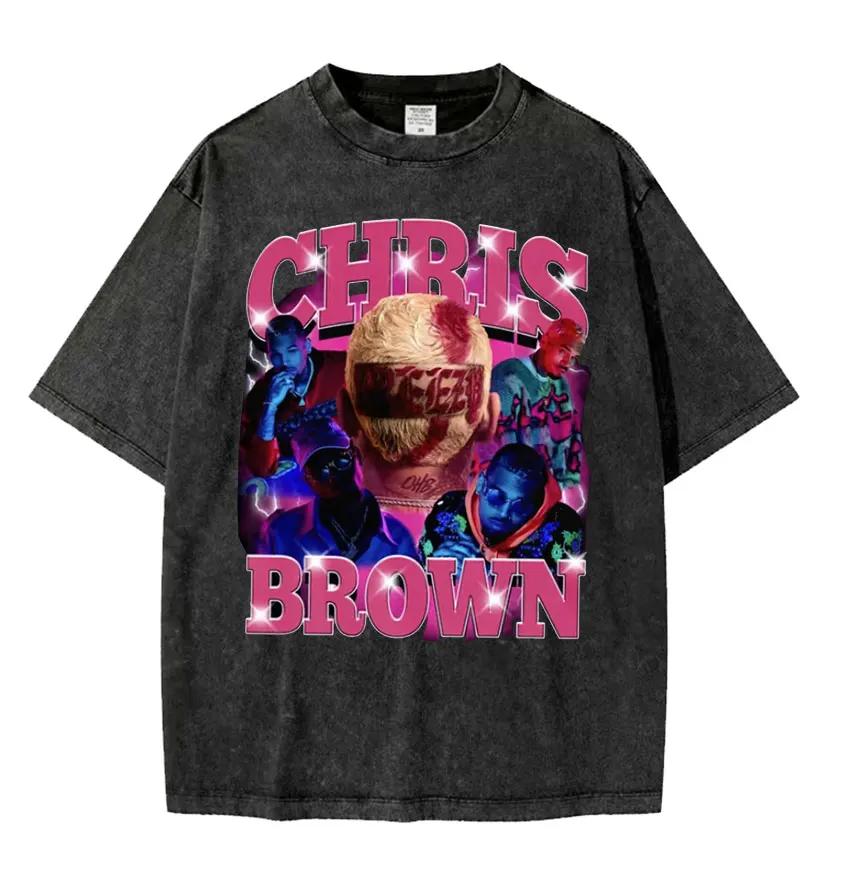 Rapper Chris Brown Breezy Großes Gesicht Grafik T-Shirt Unisex Damenmode Vintage Gewaschen Übergroß Kurzarm T-Shirts Streetwear