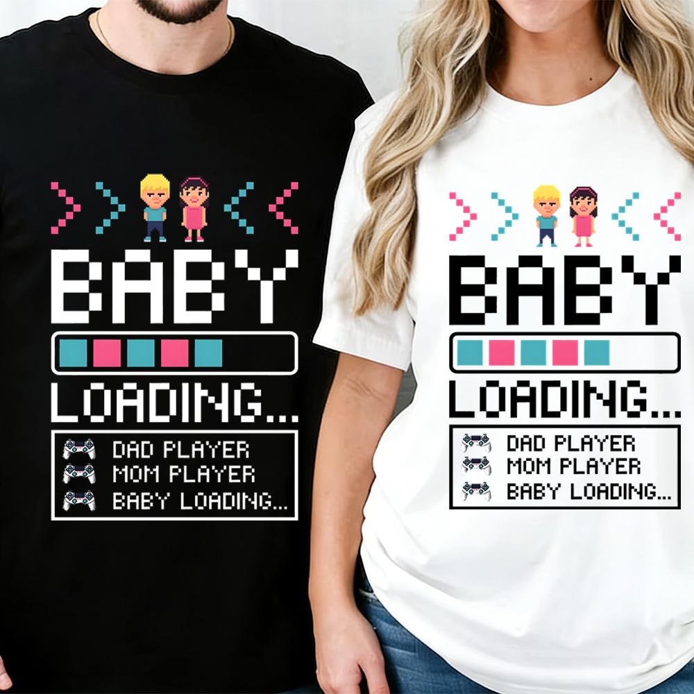 Baby Loading Print Couples T Shirt Vintage Gamers Papa Mama Tshirt Short Sleeve Crewneck Pregnancy Announcement Tshirt Gifts