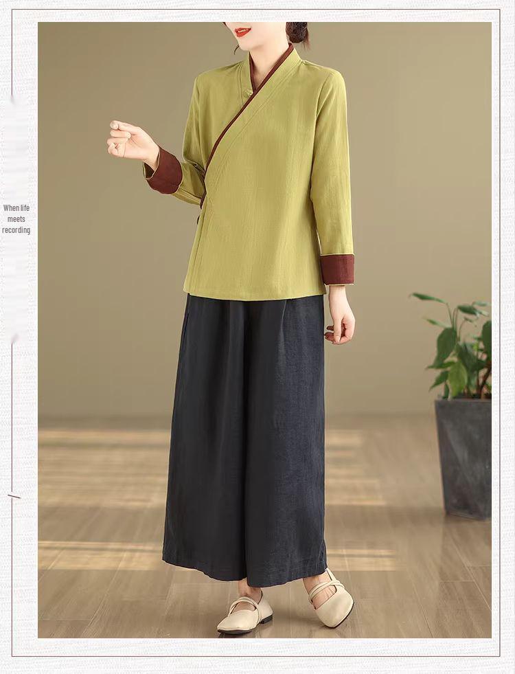Plus Size Cotton Linen Zen Tea Shirt: Retro Chinese Style with Oblique Collar & Tie-up