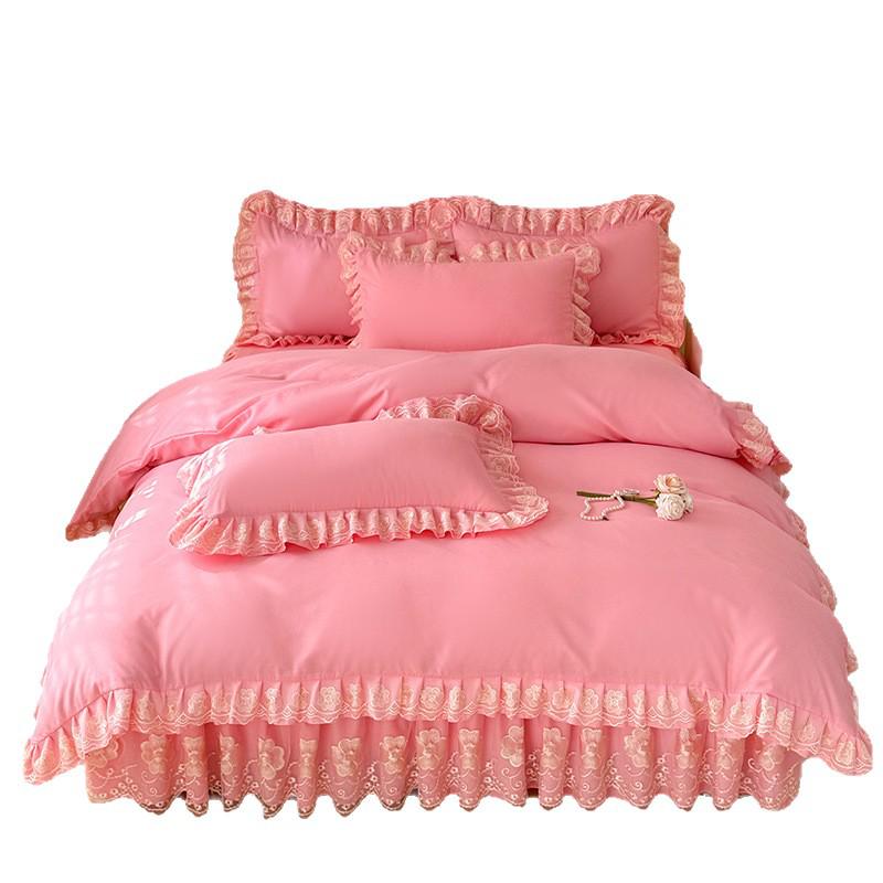 Princess Lace Ruffle Bed Skirt Set (3-4 Piece) - Pure Color Duvet Cover and Sheet.
