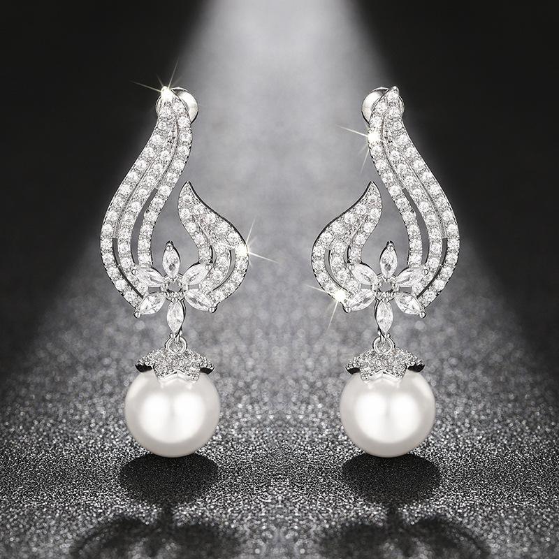 Source Angel Wings Imitation Pearl Earrings, Diamond Flower Zircon Earrings, Dinner Court Earrings