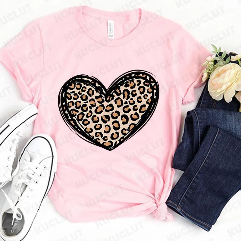 Fashion Unisex Tshirts Leopard Love Heart Print Tops Short Sleeve Clothing Ladies Harajuku Valentines Day Female Clothing