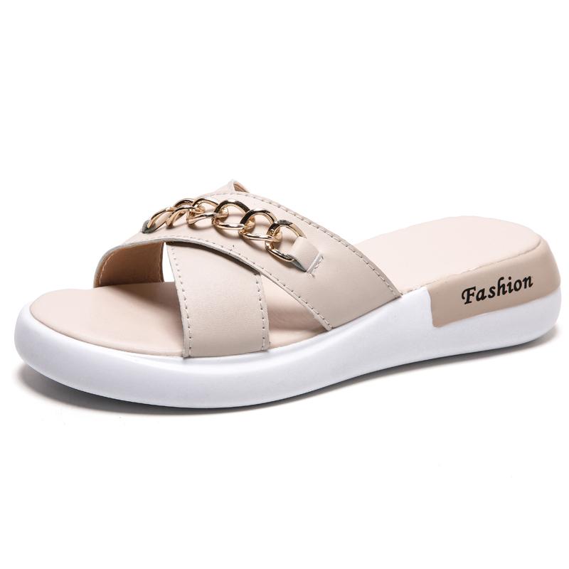 

Кожаные металлические цепочки с украшением, женские тапочки на плоской подошве, модные уличные женские повседневные тапочки, летняя женская обувь с открытым носком 5