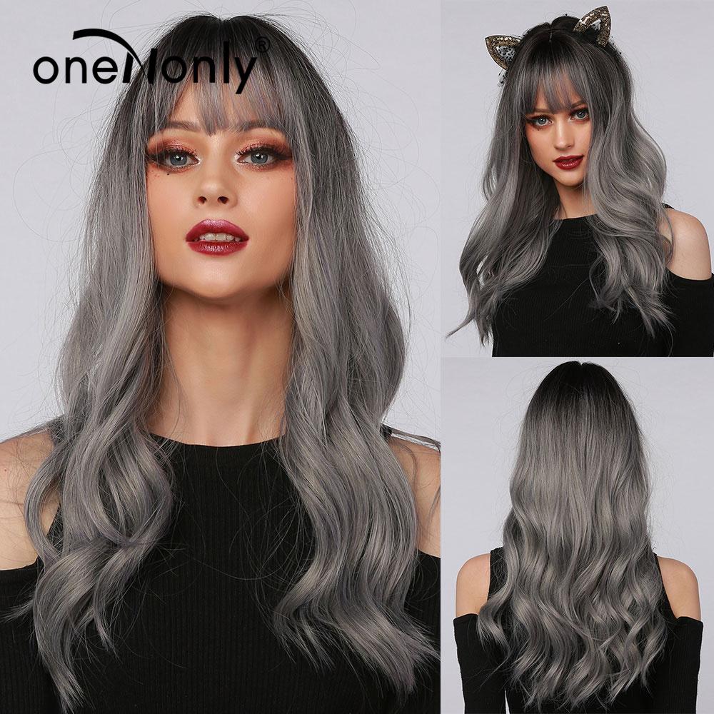 oneNonly Long Body Wave Ombre Brown Pink Synthetic Wigs with Bangs Natural Wave for Women Cosplay Natural Wig Heat Resistant