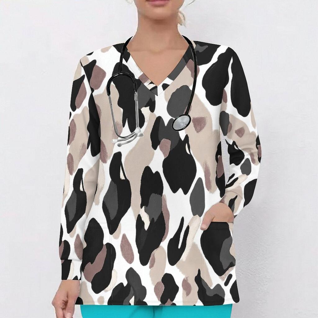 Women Plus Size V Neck Long Sleeve Printed Blue White Nurse Scrub Top With Front Pockets
