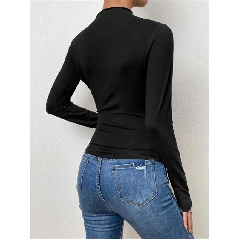 Fashion Long Sleeved Pleated Slim Fit Women T-shirt Solid Color Elegant Half Turtleneck Slim-fit Bottoming Tees Shirt Female Solid Color Basic Tops