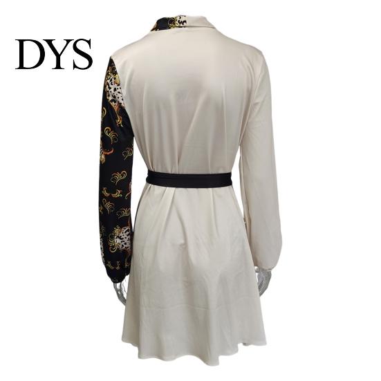 Slim Waist Dress Spring Fall Lady Women with Lace-up Tie Lapel V Neck Colorblock A-line Color Matching Coat Style Long Sleeves Commuting Business Mini