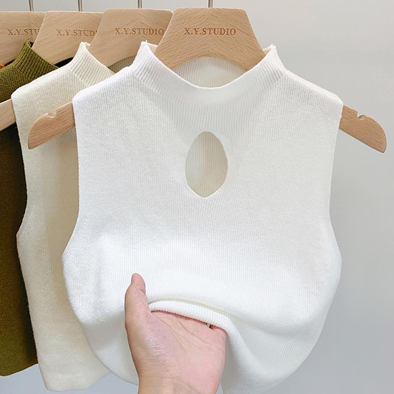 Fashion Half Turtleneck Hollow Out Knitted Tank Top Summer Women Casual Solid Color Sleeveless Vest