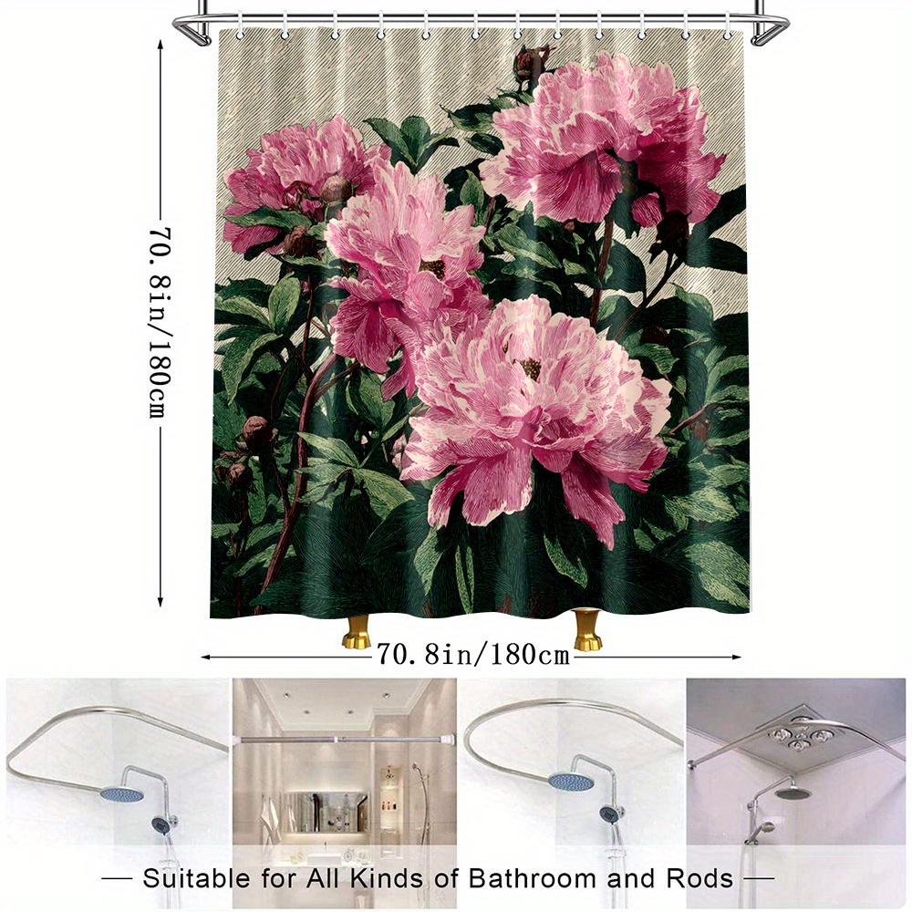 1Pc Elegant Floral Shower Curtain - Bathroom Decor With Pink Peonies & Green Foliage, Extra Long 70X70 Inches, Includes 12 Hooks