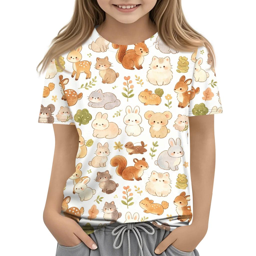 Kids Animal Print Casual Loose Fit Short Sleeve T Shirt Round Neck Comfortable Soft Fabric Top for Everyday Wear