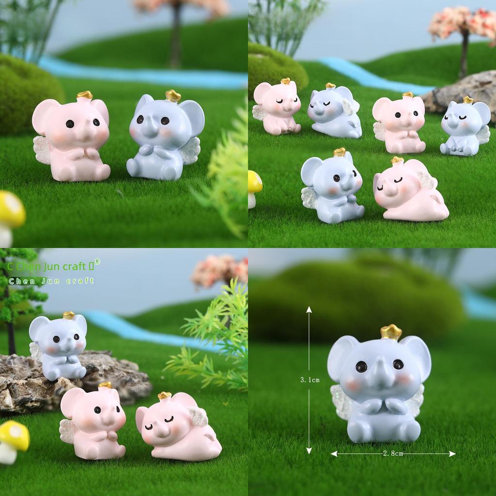 Charming Pink Blue Resin Elephant Miniatures Cartoon Style For Fairy Garden