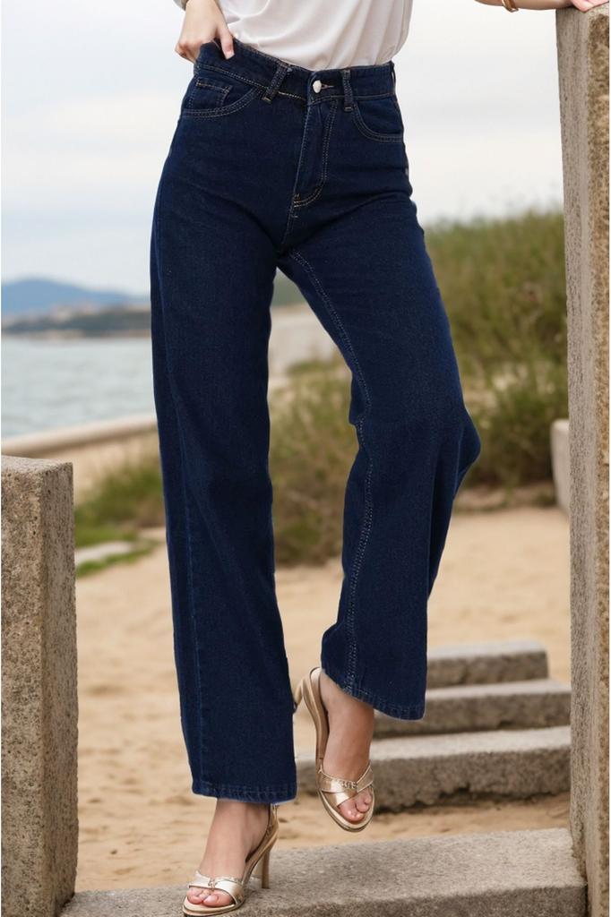 Blugi de modă pentru femei de mărime mare Albastru bleumarin Lycra cu talie înaltă Blugi cu picioare late Blugi largi, prietenos, cu talie înaltă