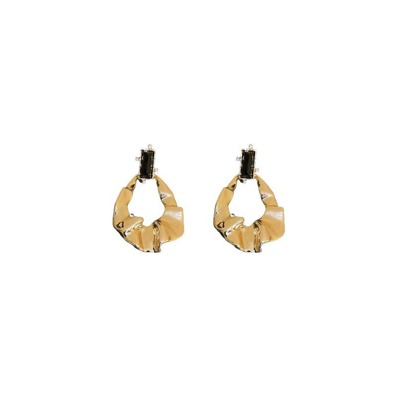 Exaggerated Irregular Gold Color Stainless Steel Fold Drop Dangle Earrings for Women Temperament Inlay Crystal Stud Jewelry Gift