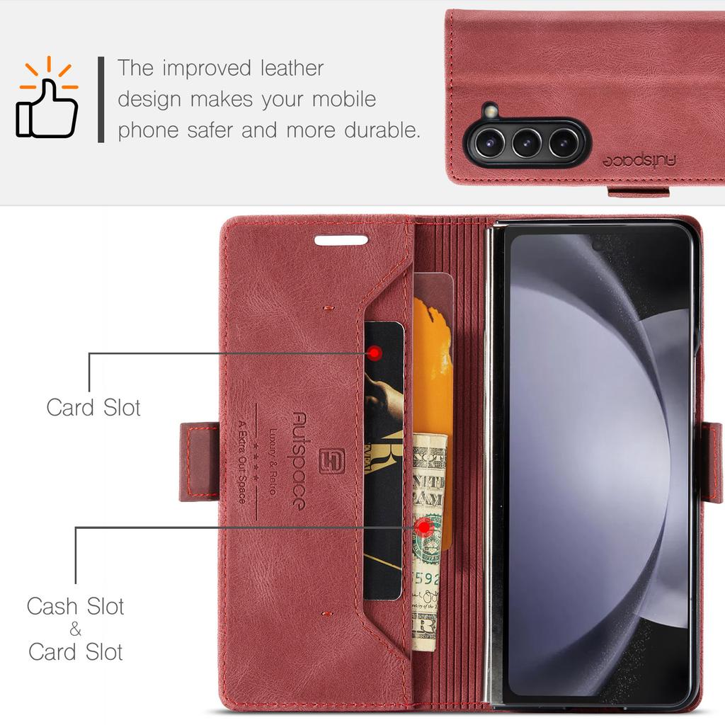 For Samsung Galaxy Z Fold5 5G Wallet Case AUTSPACE A01 Leather Stand Cover with RFID Blocking Card Holder