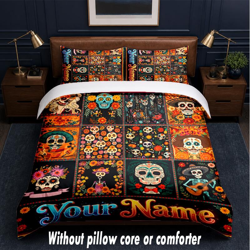 Day of the Dead Theme Custom Text Or Name 3Pcs Bedding Set,1 Flat Sheet & 2 Pillowcases Personalized Home Bedding
