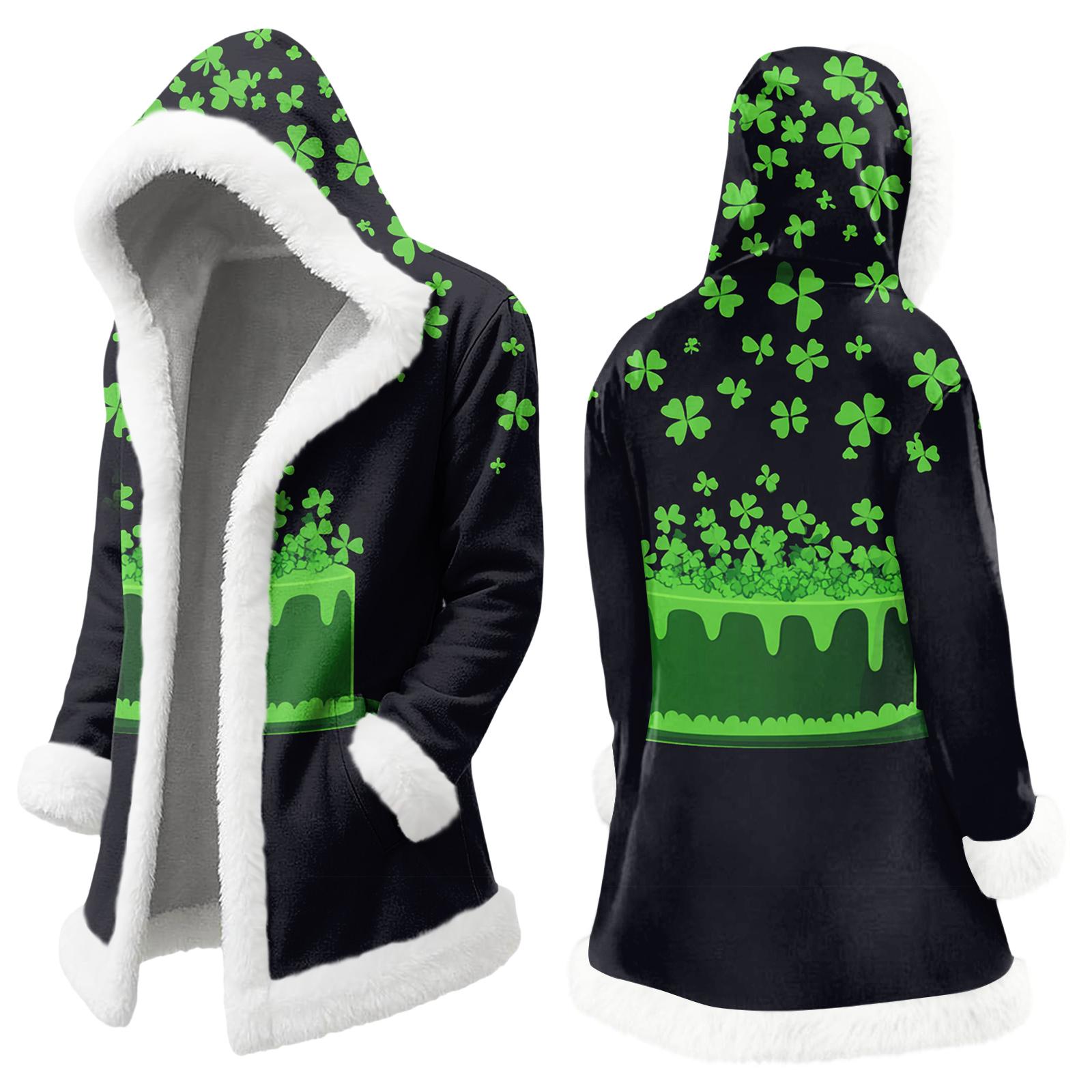

Unisex Casual And Fashionable Plush Collar Hooded Long Sleeved St. Patrick s Print Jacket XL зелений