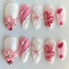 24PCS Sweet Pink Smudging French Press On Nails Full Cover 3D Flower Seastar Almond Fake Nails for Women Fashion Beauty Ins Nail