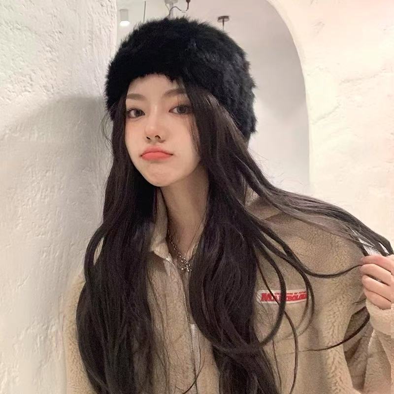 Thickened and Warm Real Rabbit Plush Fur One Piece Knitted Hat for Women In Winter  Versatile Knitted Toe Cap Woolen Hat for Cold Protection