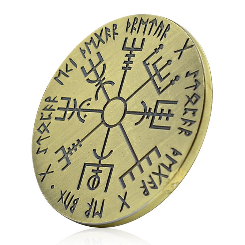 Viking Compass Bronze Coin Rune Solomon Commemorative Medal in Plastic Shell Magic Divination Challenge Coin Collection