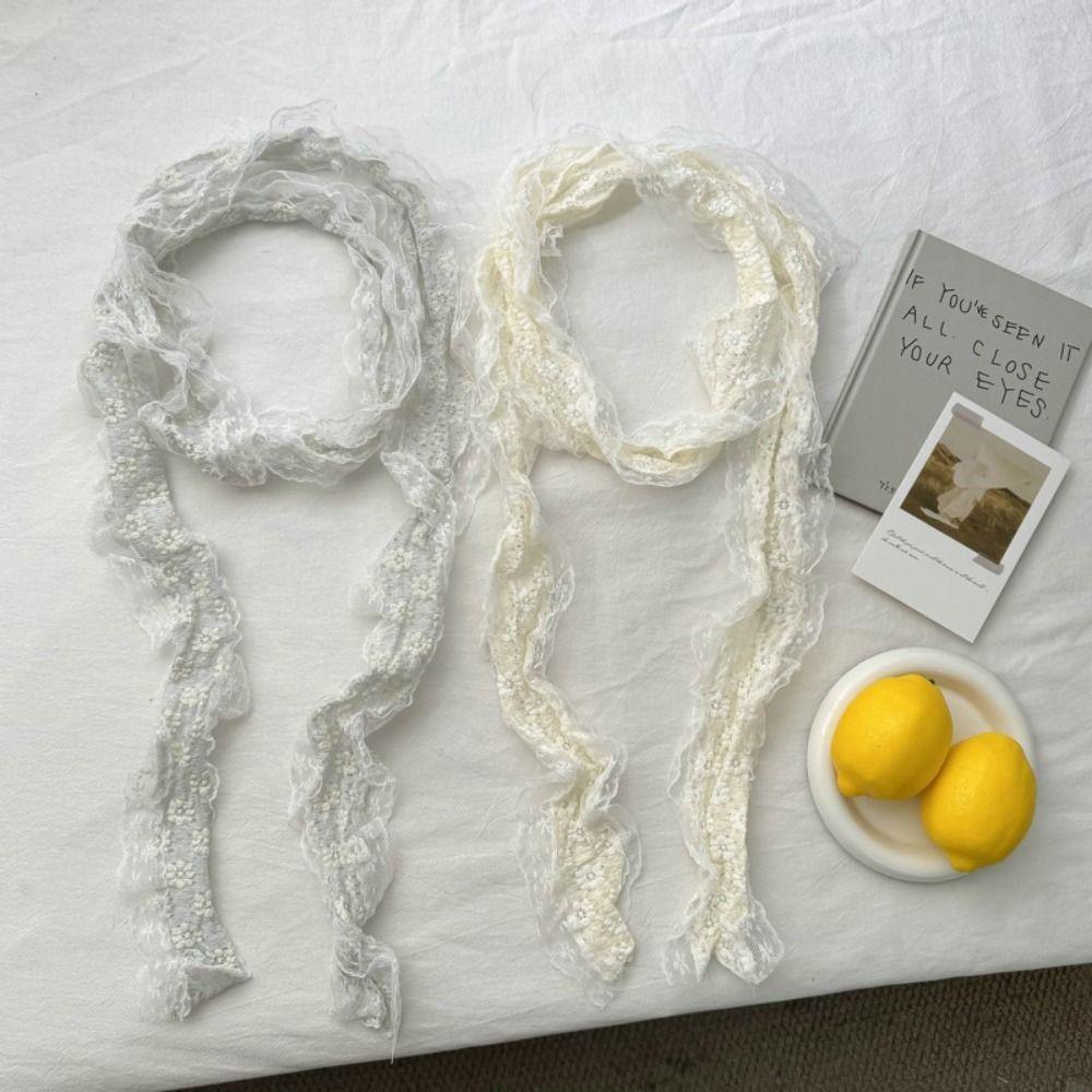 White Beige Lace Neck Scarf Flower Ribbon Headband Trendy Photo-Ready Shawl  Spring Summer