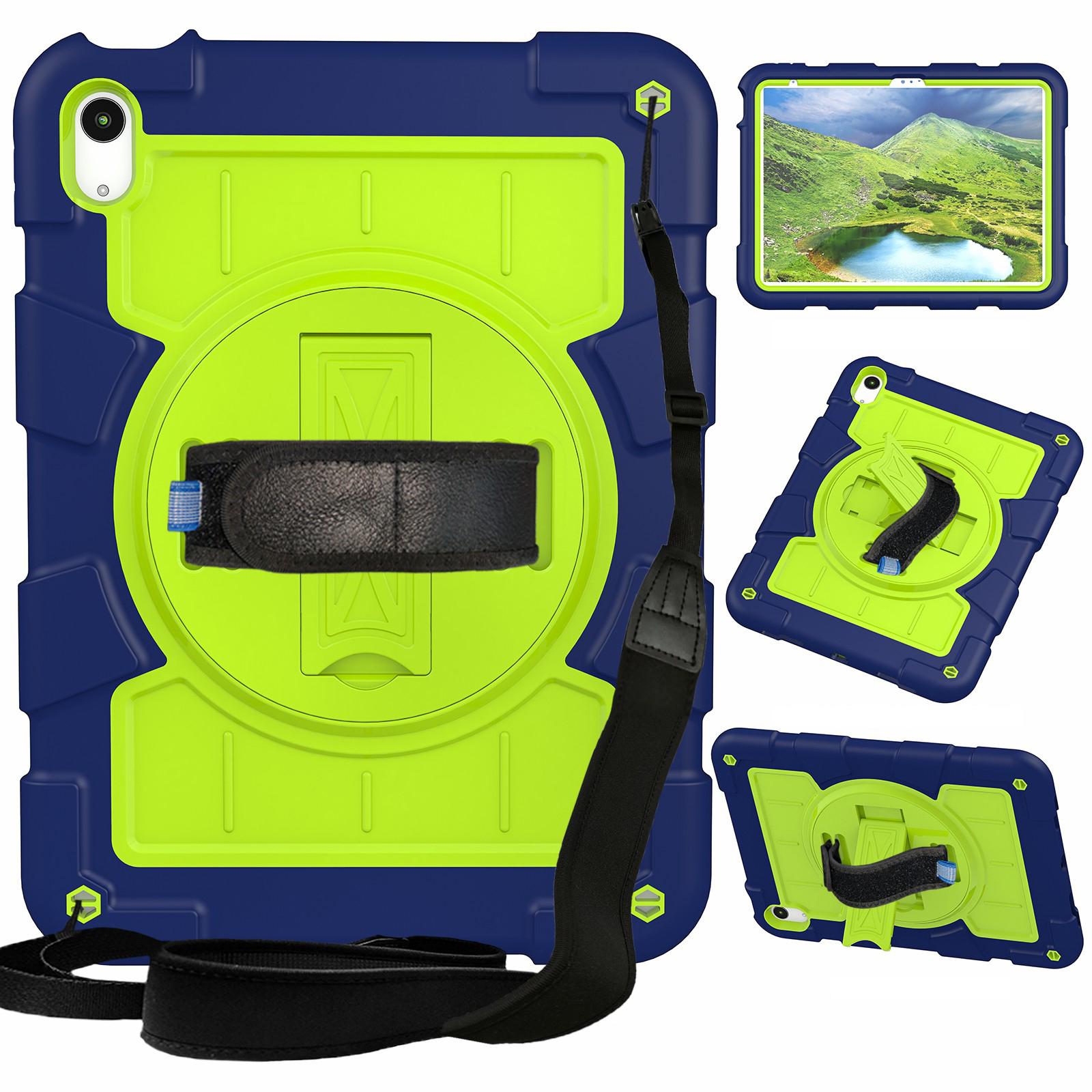 

For iPad Air 11 (2025)/(2024) Kickstand Case Rotating Hand Strap PC+TPU Tablet Cover with Shoulder Strap Navy Blue/Green