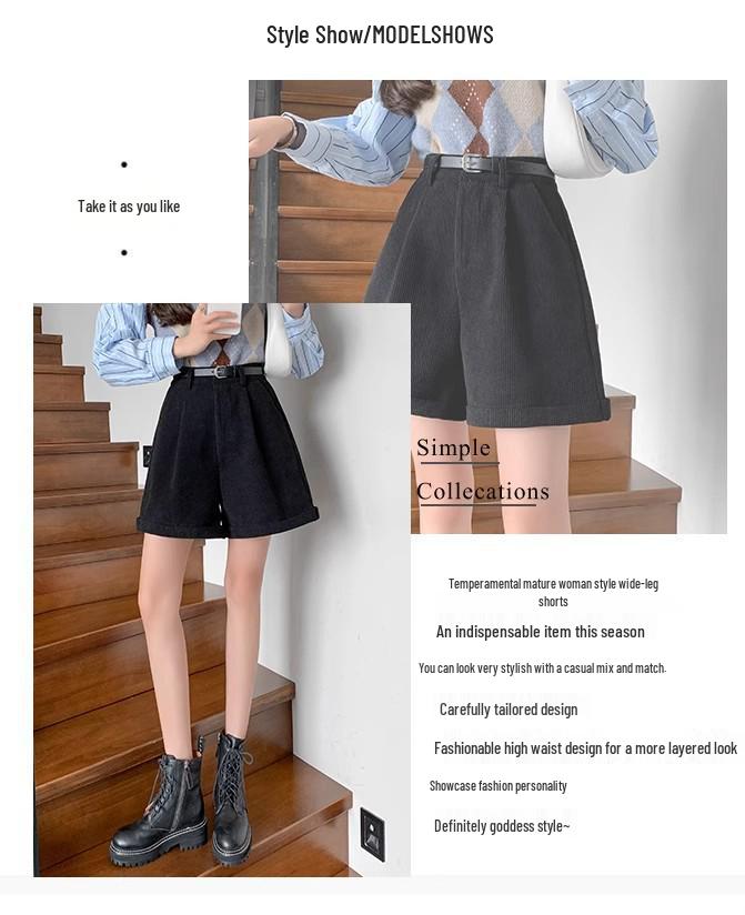 Maillard Coffee Corduroy High-Waist A-Line Shorts for Women - Autumn/Winter