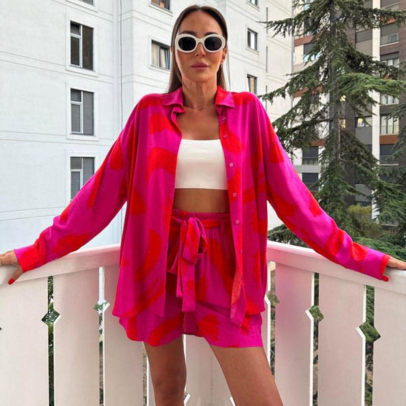 European and American Style Shirt Set for Women,-Border Elastic Waist Tie Large Size Shirt and Shorts Two-Piece Set for Summer