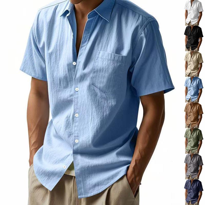 Summer New Style Solid Color Linen Shirt Short-sleeved Men's Lapel Loose Casual Pocket American Shirt