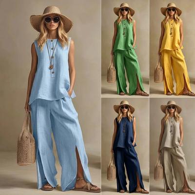Conjunto Informal de Verano para Mujer de Dos Piezas: Blusa sin Mangas con Botones y Pantalones de Pierna Ancha con Dobladillo Dividido