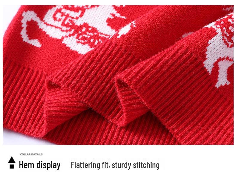 Unisex Festive Red Year of the Horse Round Neck Sweater - Chinese Zodiac Base Layer Knitwear