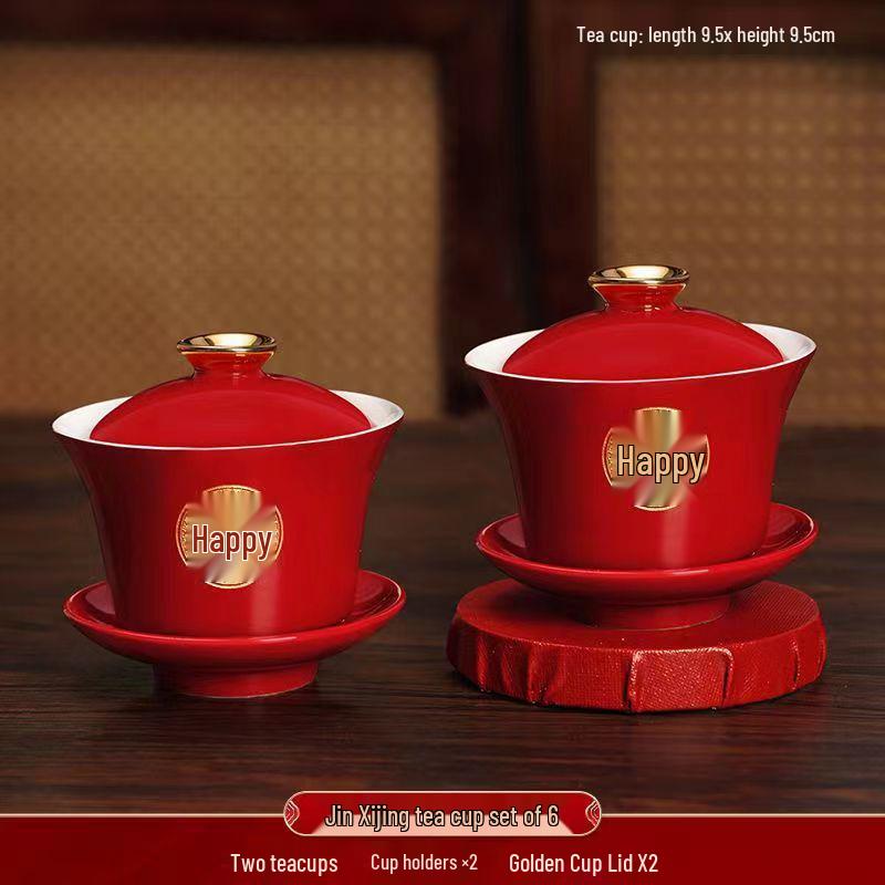 Festive Red Wedding Tea Set: Gaiwan, Chopsticks, Happy Bowl & Pair Bowls
