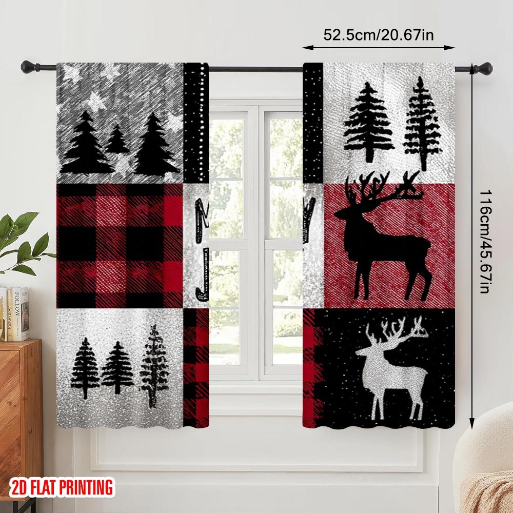 2pcs,2D plane printing Pattern Curtains Black and white checkered reindeer and Christmas tree Versatile 100% Polyester (without