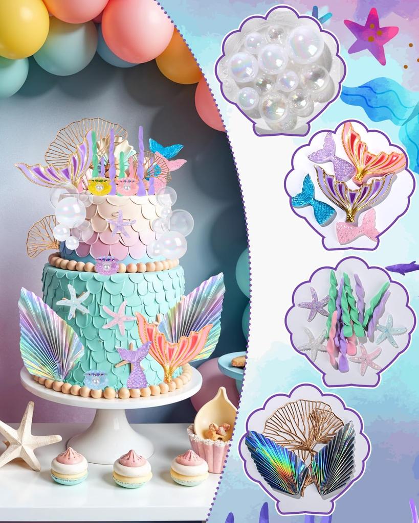 Mermaid Cake Toppers, 38pcs Under the Sea Cake Decor Set With Golden Ginkgo Leaves for Birthday Mermaid Theme Party Supplies