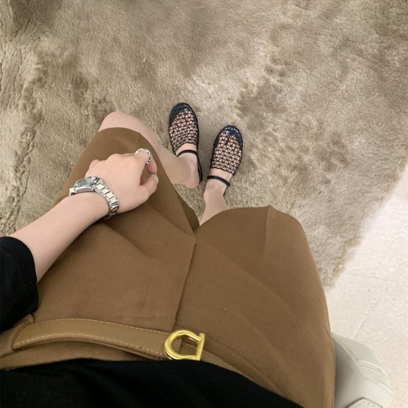 Sapatos rede de pesca nicho oco roupa exterior uma palavra com cabeça de saco sola plana chinelos frescos mulheres