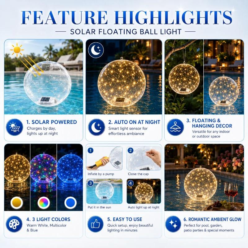 Solar Floating Ball Lights with 8 Modes LED Glow Balls, Warm White Multicolor Blue Waterproof Lights for Garden Patio Pond Pool Party Decor