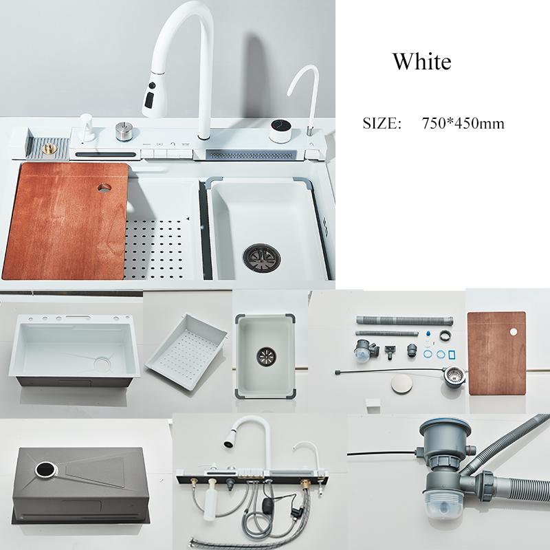 Golden Stainless Steel Kitchen Sink Double Waterfall Digital Display Sink Embossed Large Single Slot Multi-functional Wash Basin