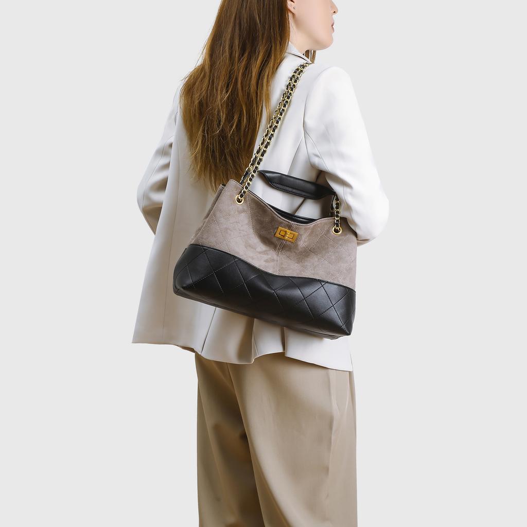 2025 New Model Color-Block Suede-Style Quilted Chain Frosted Leather Underarm Bag, Handbag, Shoulder Bag, Crossbody Bucket Bag