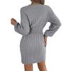 Women's Autumn and Winter Solid Fried Dough Twists Hollow Out Lantern Sleeve Hip Wrapped Woolen Dress