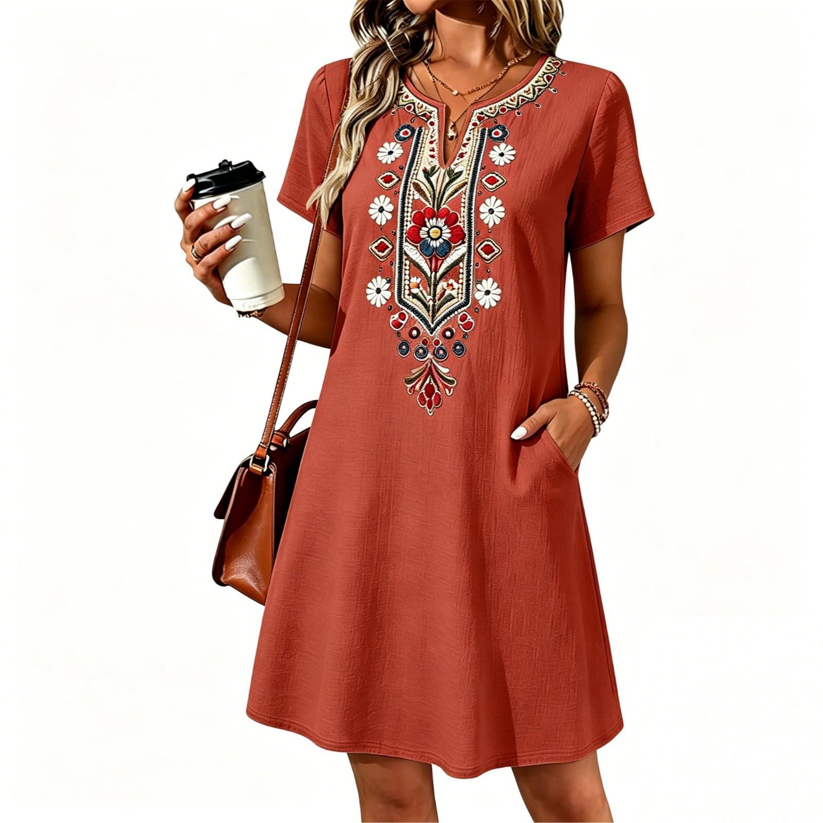 

Women Casual Loose Fit Embroidered Dress Short Sleeve V Neck Plain Tunic Dress with Pockets Lightweight Comfortable M Кіновар