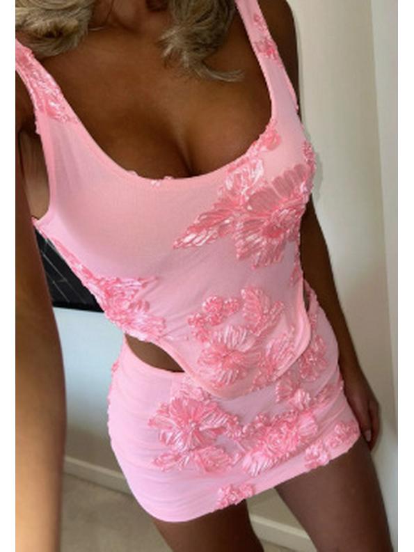 "European & American 3D Embroidered Floral Pink Camisole Skirt Set"