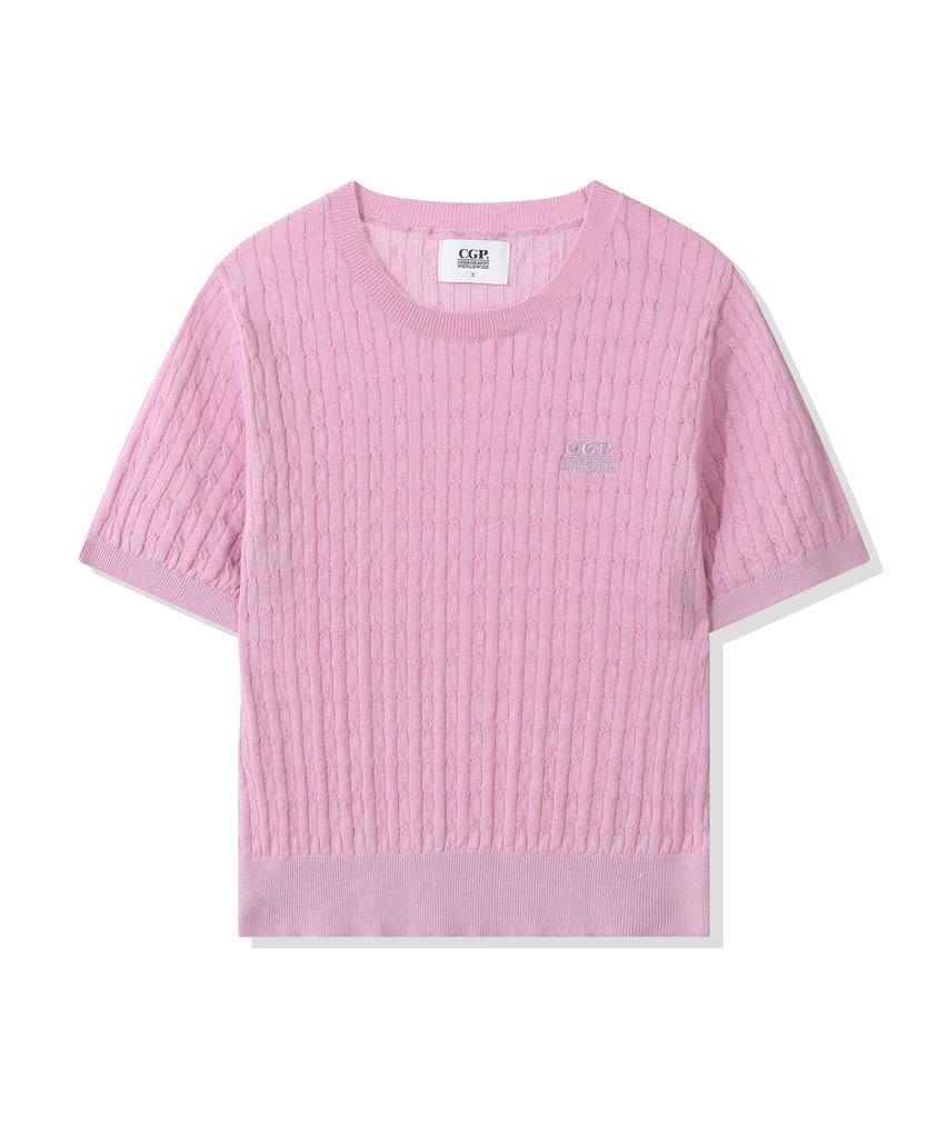 CGP (Women) Small Square Logo Cable Short Sleeve Knit - Pink