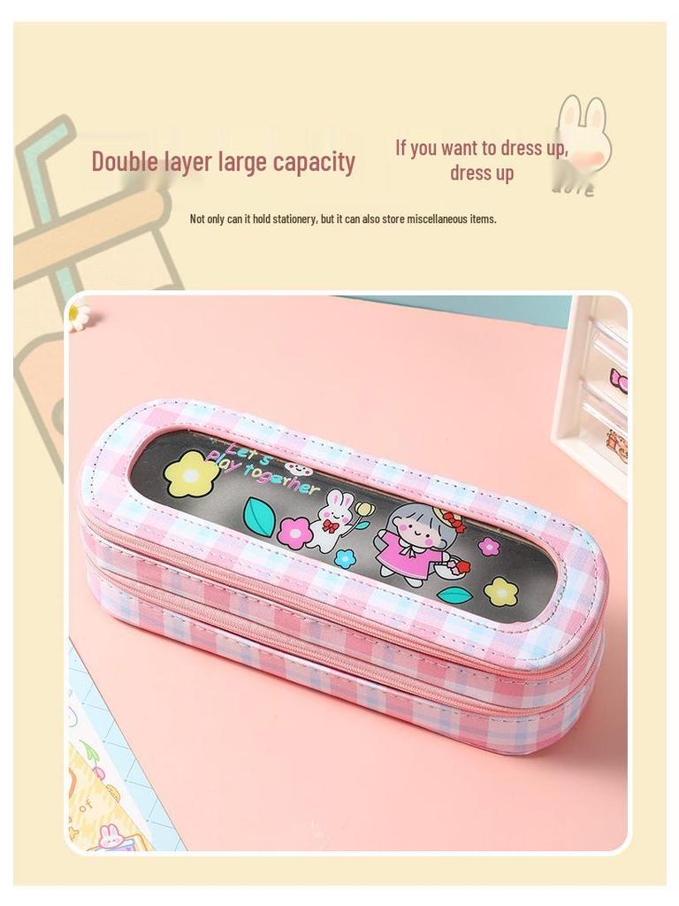 Large Capacity Transparent Cartoon Pencil Case for Girls with Double-Layer Design, Ideal for Elementary School Students