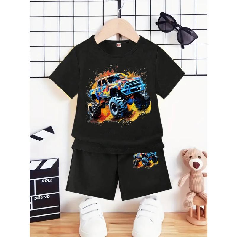 

Summer Fashion Cartoon Car Print Short-sleeve T-shirt and Shorts Set Suitable for Boys and Girls 100