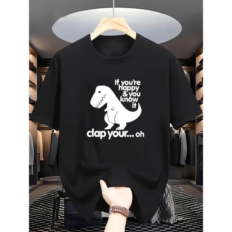 

European size Men s Dinosaur T Shirt, Dinosaur Print - Black & White Cartoon T-Rex Design, Casual Round Neck Short Sleeve Summer Top, Playful Graphic 4XL чорний
