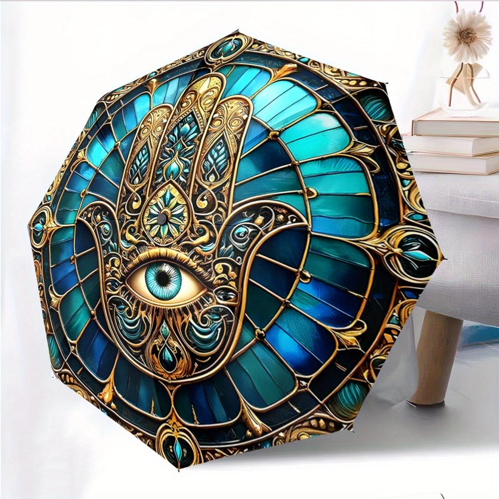 Automatic Folding Umbrella Intricate hamsa design with a central eye motif in  and Golden. Portable collapsible design, casual