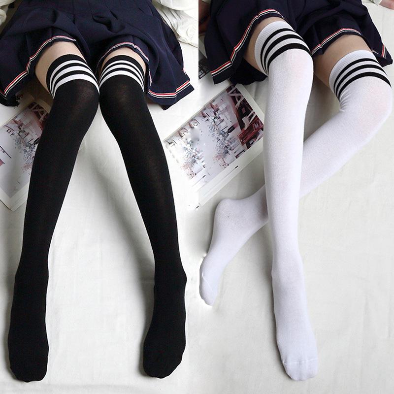 Japanese Three-Stripe Over-the-Knee Dance Socks - Thick, Black & White, Perfect for Autumn & Winter Sports or Students